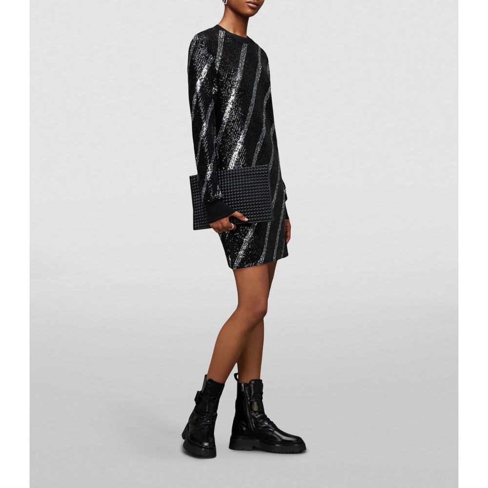 ALLSAINTS Juela Sequin Stripe Bowi Mini Dress Womens Small Black Silver Crew NEW
